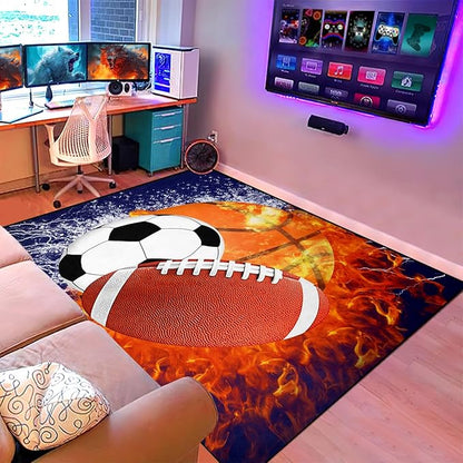 Sports Rugs for Boys Bedroom - Football & Soccer, Baseball,Basketball Rug for Boys Bedroom Sports Themed Water Flame Design Kids Carpet for Playroom Living Room Floor Mats, 4x5 Feet