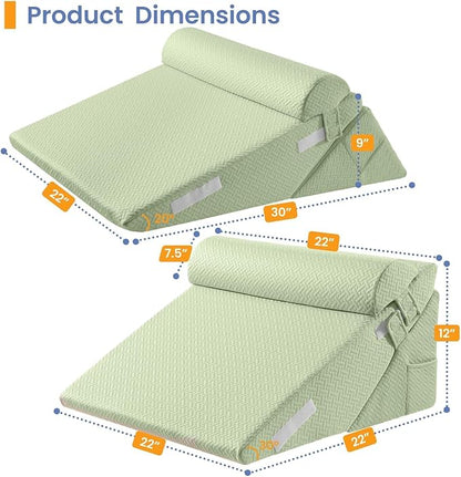 Sasttie Wedge Pillow Set for After Surgery, 2PCS Adjustable Bed Wedge Pillow Headboard with Memory Foam Neck Cushion – for Acid Reflux, Sleeping, Neck & Back Support, Sage