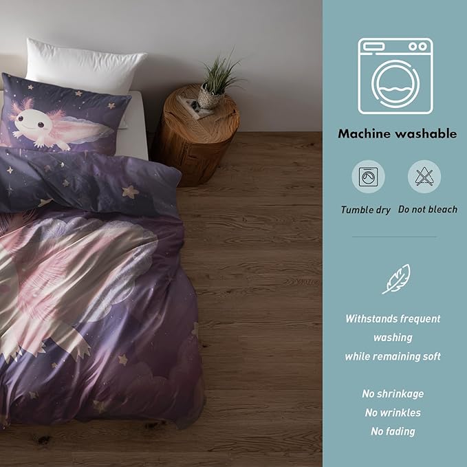 Axolotl Duvet Cover Oversized Queen Size, Kids Boys Girls Bedding Set 3 Pcs (2 Pillow Shams), Super Soft Microfiber Bedroom Decor, Zipper & Ties CSXQ1249