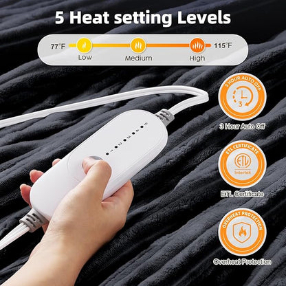 HYLEORY Heated Blanket Electric Throw, Soft Flannel Sherpa Heater 5 Heat Settings and 3 Hours Auto Shut-Off Heating Blanket ETL Certification Over-Heat Protection Machine Washable,Deep Grey