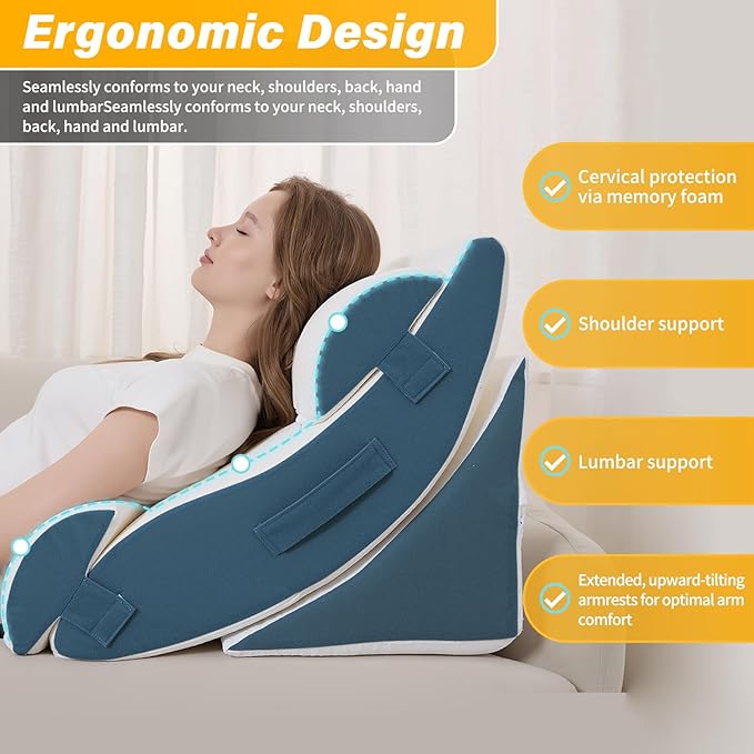 Wedge Pillow Set for After Surgery – 5PCS Orthopedic Bed Wedge Pillow Set for Sleeping, Body, Back and Leg Pain Relief Comfortable & Adjustable Support Pillows-Anti Snoring (Blue)