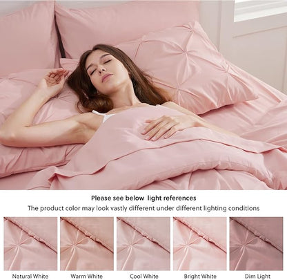 Bedsure King Size Comforter Set Pink - Bed in a Bag Bedding Set 7 Pieces, GentleSoft™ Pintuck Bed Set Gift for Family, Pinch Pleat Pink Comforter with Sheets, Pillowcases & Shams