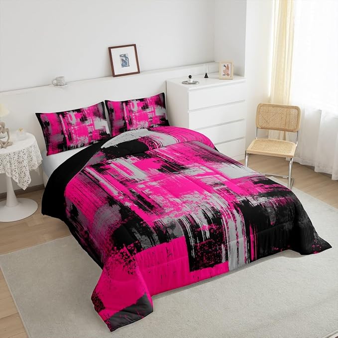Feelyou Hot Pink Grey Black Abstract Duvet Quilt Twin Size Geometric Bedding Set for Kids Boys Girls Decor Modern Comforter Set Breathable Soft Microfiber Buffalo Check Bedroom Decor Bedclothes
