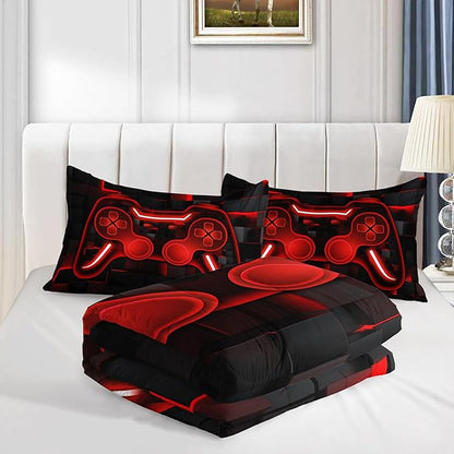 Axolotl Gamepad Comforter Set King Size,Red Grid Print Bedding,Boys Gaming Console Comforter,Video Gaming Controller Bedding for Teens Men Adults,Cool Gamer Bed Set 1 Quilt 2 Pillowcases,Red Black