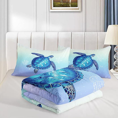 QOOMO Turtle Comforter Queen Size,Ocean Comforter Set for Kids Teens Girls Boys,3Pcs Bedding Set Printed Comforter with 2 Pillowcases,Down Alternative,Soft and Lightweight(Blue，Queen Size)