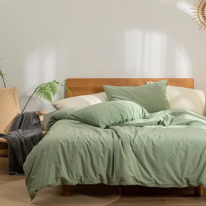 Green Duvet Cover King, 100% Washed Cotton Linen Like Textured Solid Casual Modern Style Sage Green Bedding Set, with Zipper Closure, Luxury Soft Relaxed Feel Natural Wrinkled Comfy (3pcs, King)