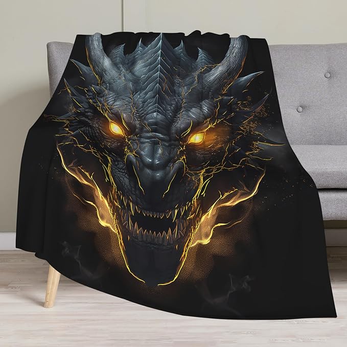 Huke plush Dragon Throw Blanket, Cool black/gold dragon, 50"x40", Ideas for Men/Women/Teens/Kids%%Boys/Girls, Gifts for Dragon Lovers