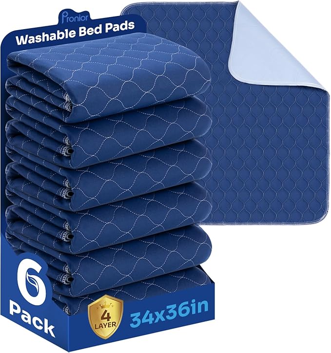 Hide Stains Bed Pads Washable Waterproof for Incontinence, 4-Layer Absorbency Pee Pads, Washable Underpad, Bed Wetting Pad for Elderly, Adults, Pets, 34"x36"-6 Pack, Navy Blue