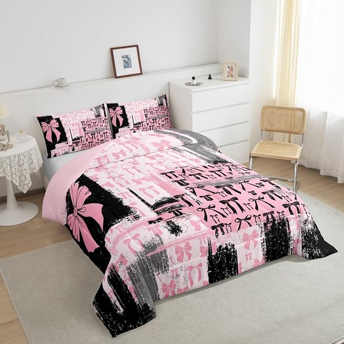 Feelyou Pink Grey Black Comforter King Size Bowknot Comforter Set for Boys Girls Children Coquette Bows Bedding Set Room Decor Watercolor Bow Duvet Set 3Pcs