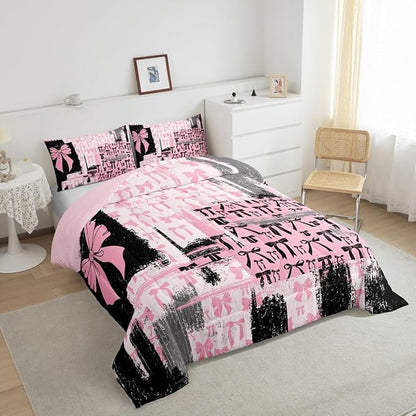 Feelyou Pink Grey Black Comforter King Size Bowknot Comforter Set for Boys Girls Children Coquette Bows Bedding Set Room Decor Watercolor Bow Duvet Set 3Pcs