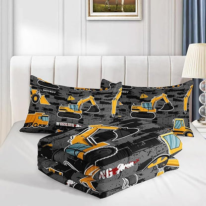 Truck Comforter Set Crane Excavator Engineering Vehicle Printed Bedding Set with 1 Comforter and 2 Pillowcases for Boys and Girls Bedroom All Season(Truck Queen)