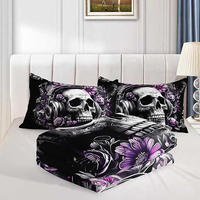 HOSIMA Death Skull Comforter Set Full Size,Skull Wearing Headphones Decorated with Flowers,Melody Note Pattern Horror Themed Gothic Bedding Set for Teens Boys Room Decor with 2 Pillowcases.