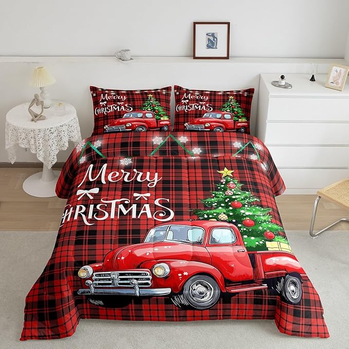 Erosebridal Christmas Comforter Set for Men & Women - Queen Size Merry Christmas Truck Duvet Insert - Black & Red Grid Checkered Down Comforter with 2 Pillowcases - Warm & Cozy for Holidays
