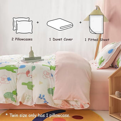 Simple&Opulence 100% Organic Cotton Duvet Cover for Kids Teens, 3 Pieces Soft Comforter Cover with Zipper Closure Warm Adorable Flamingo Bedding Set - Cactus, Twin