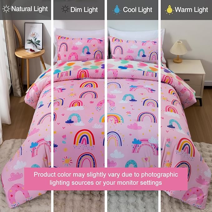 Holawakaka Boho Rainbow Twin Comforter Set with Sheets, 5-Piece Bohemian Love Heart Bedding Set for Girls & Women - Super Soft Microfiber Kids Teen-Girls Twin Size Pink Reversible Bed-in-a-Bag