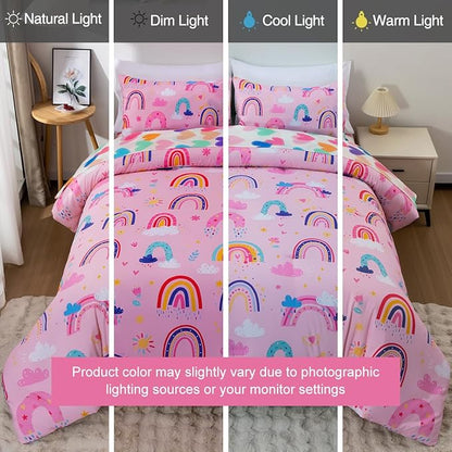 Holawakaka Boho Rainbow Twin Comforter Set with Sheets, 5-Piece Bohemian Love Heart Bedding Set for Girls & Women - Super Soft Microfiber Kids Teen-Girls Twin Size Pink Reversible Bed-in-a-Bag