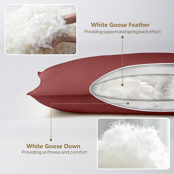 Goose Down Body Pillows for Adults, Large Body Pillow for Side Sleeper, Hugging Feather Body Pillow Insert, Cooling Full Length Long Pillow for Bed with 100% Organic Cotton Shell, (Burgundy 20"x72")