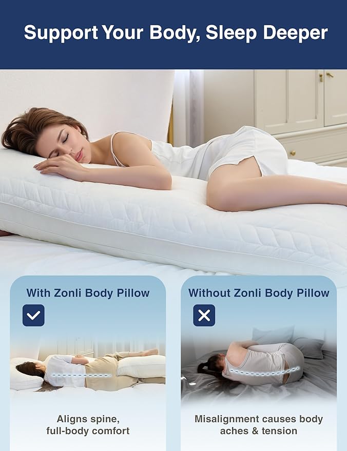 ZonLi Adjustable Memory Foam Body Pillow for Adults, Firm Support Long Pillow for Side Sleepers, Elegant Quilted 20x54 inch, White