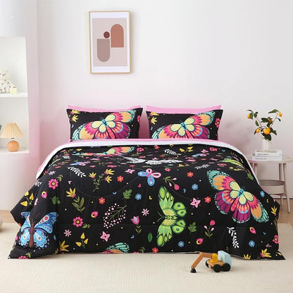 Girls Butterfly Comforter Set Twin Size Colorful Flowers Leaves Bedding Set for Kids Teens Black 7 Piece Bed in A Bag Super Soft All Season