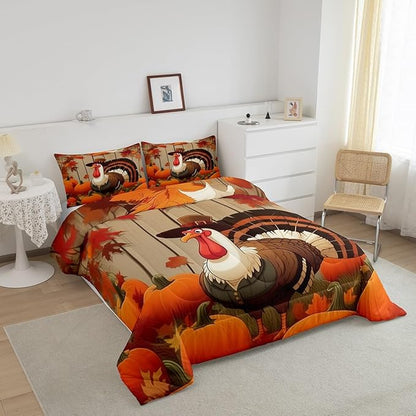 Feelyou Turkey Bedding Set Toddler Size Soft Thanksgiving Harvest Season Fruit Decor Comforter Set for Kids Boys Girls Decor Fall Pumpkin Comforter Microfiber Gamboge Duvet Set