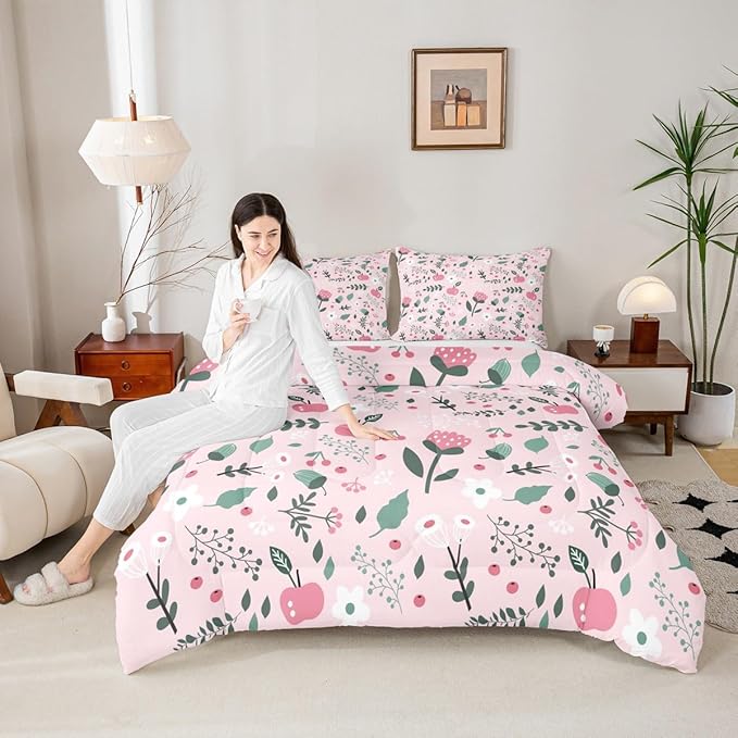 Erosebridal Pink Floral Toddler Bedding Set - Boho Flower Cute Comforter Set for Girls Kids, Botanical Plant Green Leaf Bed Set, Cottage Core Room Decor with 1 Pillowcase, Lightweight