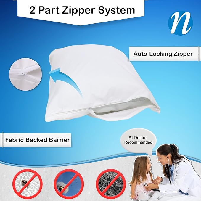National Allergy Premium 100% Cotton Zippered Pillow Protector - Standard Size - White - 4 Pack - 300 Thread Count - Hypoallergenic Bed Pillowcase with Zipper - Breathable Encasement Cover