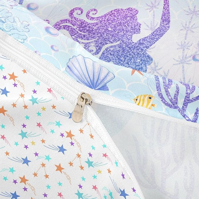 Castle Fairy Mermaid Duvet Cover Set King Size Rainbow Watercolor Glitter Bedding Set for Kids Girls Women Teens Room Decor, Mermaid Fish Scale Comforter Cover Ocean Coral Shell Quilt Cover 3pcs