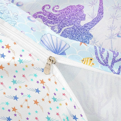 Castle Fairy Mermaid Duvet Cover Set Queen Size Rainbow Watercolor Glitter Bedding Set for Kids Girls Women Teens Room Decor, Mermaid Fish Scale Comforter Cover Ocean Coral Shell Quilt Cover 3pcs