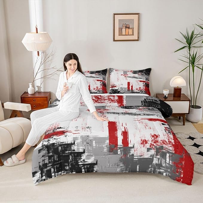 Feelyou Abstract Comforter Modern Abstract Art Comforter Set for Boys Girls Children Red Grey Black Pattern Bedding Set Room Decor Twin Size Duvet Set 2Pcs