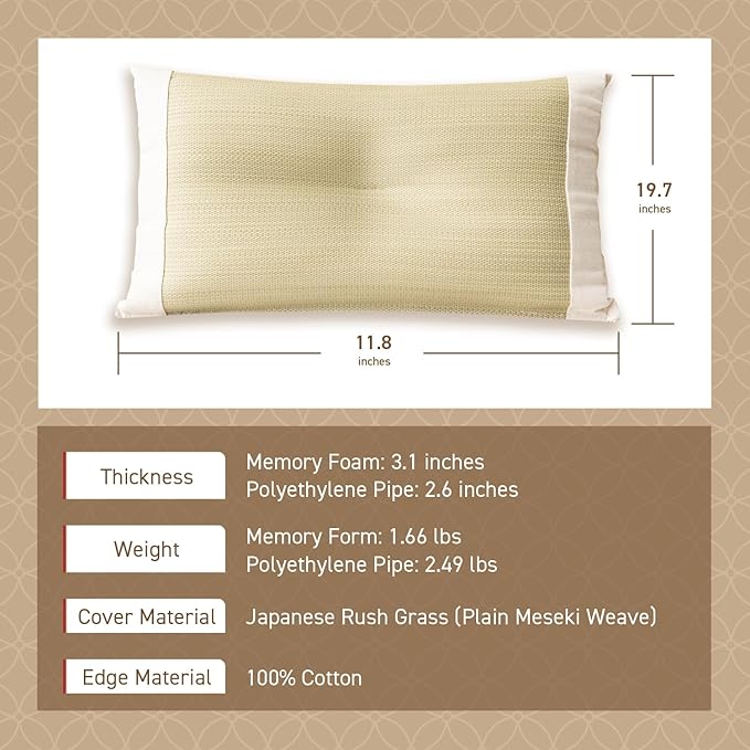 BJDesign Japanese Igusa (Rush Grass) Pipe Bed Pillow, Made in Japan, All Sleepers, Breathable & Deodorizing, 11.8x19.7x2.6 Inch