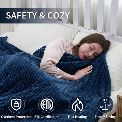 Electric Blanket 84"x90" Queen Size Heated Blanket with 10 Heat Settings & 1-12 Hours Auto-Off,Reversible Cozy Silky Flannel Fabric Warm Blanket Large Size for Full Body - Dark Blue