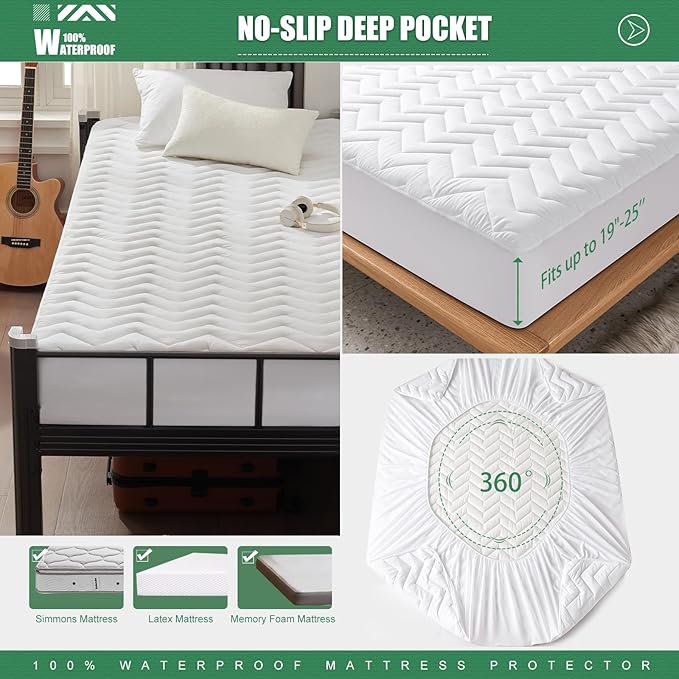 Unilibra Twin XL Size Waterproof Mattress Pad Rayon Made from Bamboo, Quilted Breathable Mattress Protector, 6''-19'' Deep Pocket Fitted Mattress Cover White