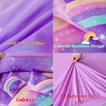ANGIYUIN Deep Purple Rainbow Kids Comforter Set Twin 6 Pieces Gradient Glitter Bedding for Girls 3D Galaxy Nebula Bed Set with Sheets for All Season