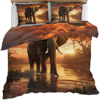 Elephant Duvet Cover Oversized King African Wildlife Bedding Set Bedroom Decor Sunset Lake Elephant Comforter Cover with Zipper Ties & 2 Pillowcases