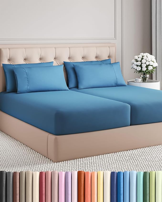 Split King Bed Sheet Set - 7 Piece Split King Bed Sheet Set - Soft Hotel Luxury Bedding - Cooling, Comfy & Breathable - 1 Flat & 1 Fitted & 4 Pillowcases w/ Deep Pockets - Wrinkle Free - Denim Blue
