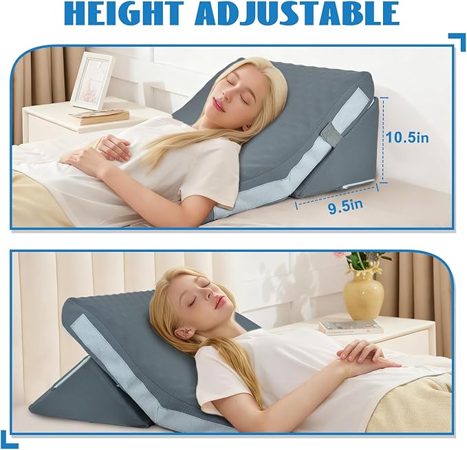 Wedge Pillow, 9&12" Adjustable Bed Wedge Pillow for Sleeping, Ergonomically Triangle Pillow for Back Pain Relief, Memory Foam Pillow Wedge for Post Surgery, Acid Reflux and Snoring,Grey