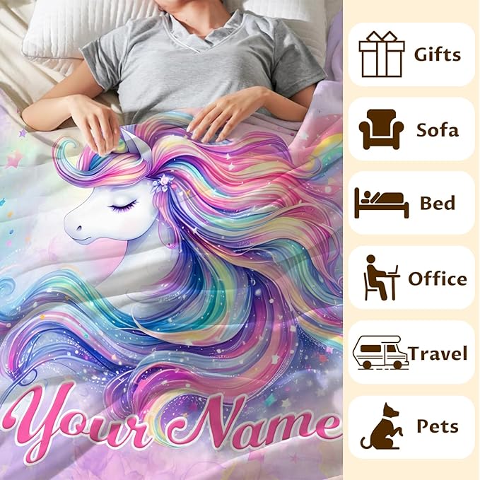 Custom Unicorn Blanket with Name, Unicorn Blanket for Girls 1-3, 40 x 30 Inches Soft Fuzzy Blanket for Girls, Unicorn Lovers, Cozy Blanket, Warm Flannel Throw Blanket for Sofa Room Decor, Chair