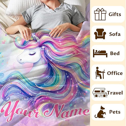Personalized Unicorn Blanket, Cute 60 x 50 Inches Soft Cozy Blanket, Gift for Girls Women, Unicorn Lovers, Soft Warm Fuzzy Throw Blanket for Bed, Living Room, Home Decor
