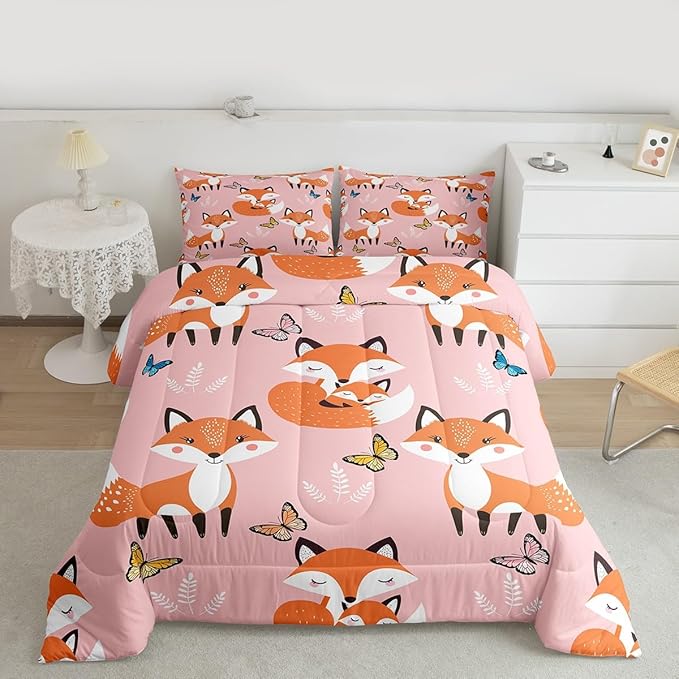 Erosebridal Kids Cartoon Fox Bedding Set Queen Size,Multicolor Butterfly Comforter Set Boys Girls Woodland Fox Quilt Duvet Teens Wildlife Animal Down Comforter with 2 Pillow Shams,3Pcs Pink Orange