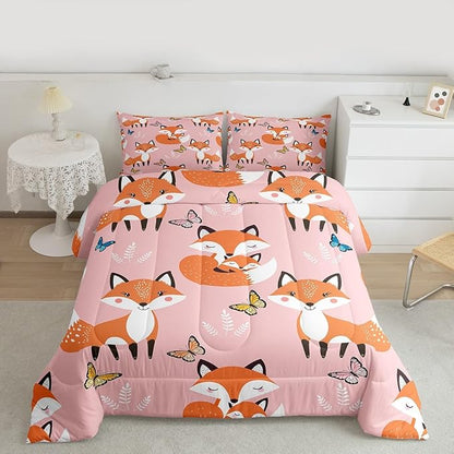 Erosebridal Kids Cartoon Fox Bedding Set Queen Size,Multicolor Butterfly Comforter Set Boys Girls Woodland Fox Quilt Duvet Teens Wildlife Animal Down Comforter with 2 Pillow Shams,3Pcs Pink Orange