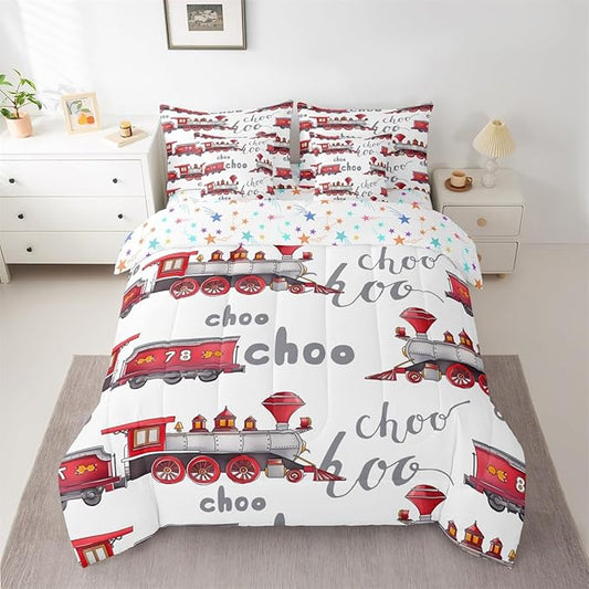 Feelyou Cartoon Car Bedding Set Kids Train Comforter Set with Sheets 7 Piece Full Size Boys Girls Choo-Choo Rail Roads Tracks Decor Bed in a Bag Microfiber Train Construction Bed Set Bedroom