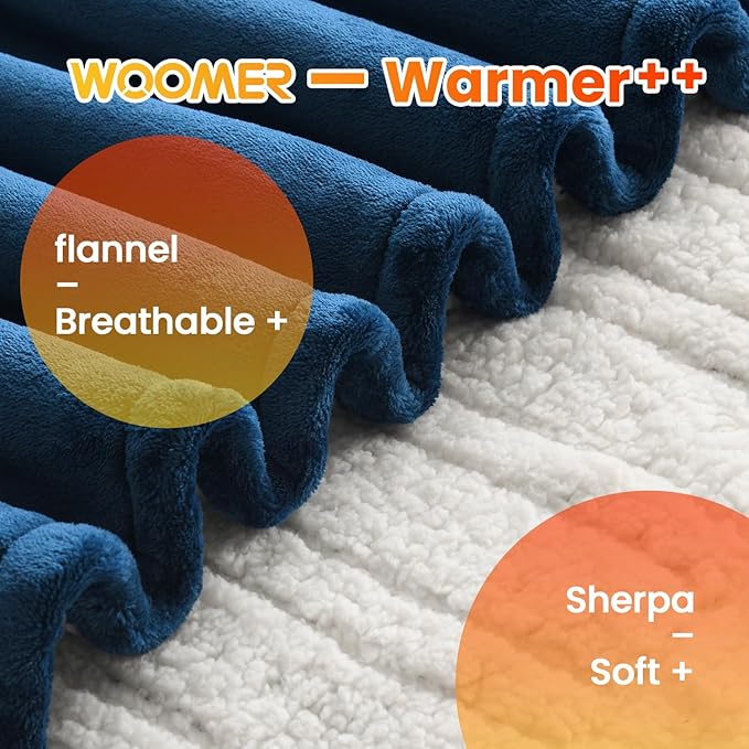 WOOMER Heated Blanket King Size,Durable Flannel and Soft Sherpa,Dual Control,90” × 100” Electric Blanket, 10 Heat Levels&0.5-12h auto-Off, Overheat Protection,Energy Efficient