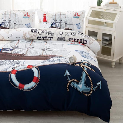 CVHOUSE Nautical Bedding Set Queen Size,Nautical Sailboat Bed for Boys Teens,Ocean Themed Sailing Anchor Comforter Cover Soft,Anchor Duvet Quilt Queen 89'x89'