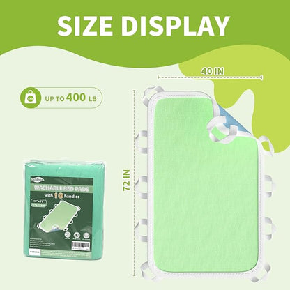 Washable Bed Pads with 10 Sturdy Handles 40”×72” Extra Large Reusable Underpads 4-Layers Leakproof Chucks Pads Washable for Incontinence (Green,1 Pack)