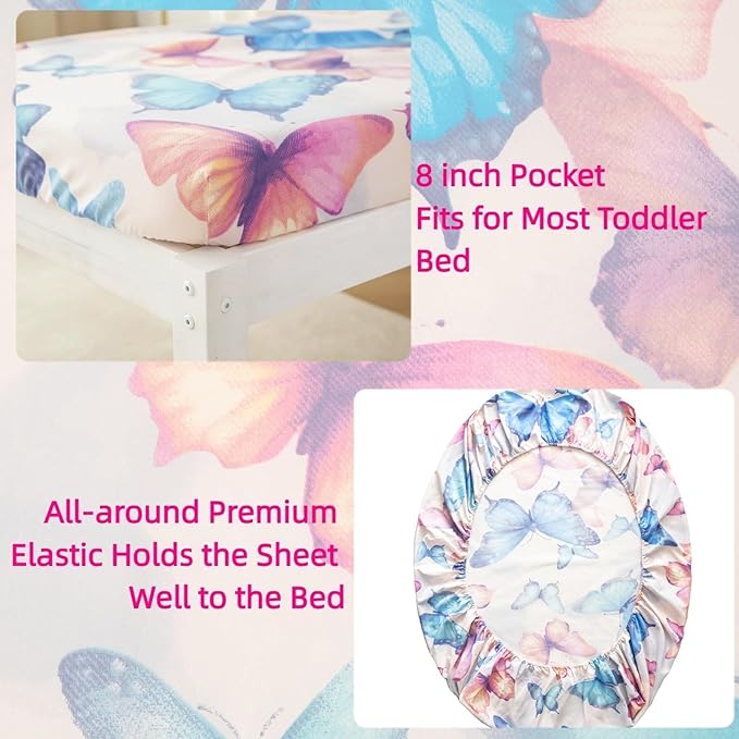 SDIII 4 Piece Butterfly Toddler Bedding Set, Soft Butterfly Toddler Bedding Sets for Girls with Comforter, Fitted Sheet, Flat Sheet and Pillowcase
