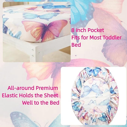 SDIII 4 Piece Butterfly Toddler Bedding Set, Soft Butterfly Toddler Bedding Sets for Girls with Comforter, Fitted Sheet, Flat Sheet and Pillowcase