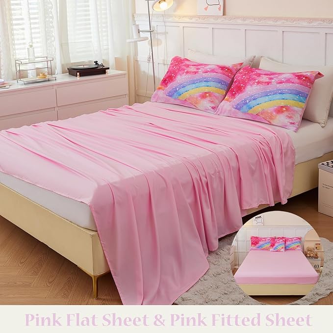 ANGIYUIN 6 Pieces Pink Tie Dye Full Size Bedding Sets for Girls/Teens/Kids, Colorful Rainbow Girls Comforter Set, Sparkle Galaxy Glitter Bedding Comforter Set for All Season