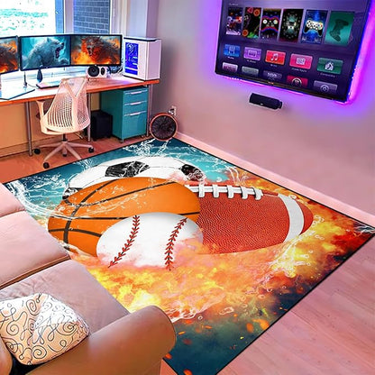 Basketball Rug for Boys Bedroom 3'x5' Kids Football Carpet Water Fire Sports Rugs for Boys Bedroom Baseball, Soccer Rug for Playroom Living Room Decor Sofa Mat
