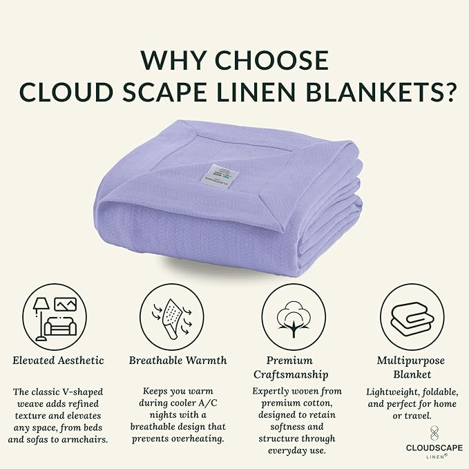 Cloud Scape Linen 100% Cotton Blanket Queen Size - Heavy and Soft, Season, Winter Cozy Blanket, Herringbone Weave, Best Gift for Women, fits Full Size Bed, 92x92, Lavender Blue