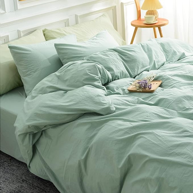 NEXHOME PRO Green Duvet Cover Set California King Linen Feel Textured Organic Natural 100% Washed Cotton Duvet Cover 3 Pieces Bedding Set with Zipper Closure, Breathable, Soft (No Comforter)